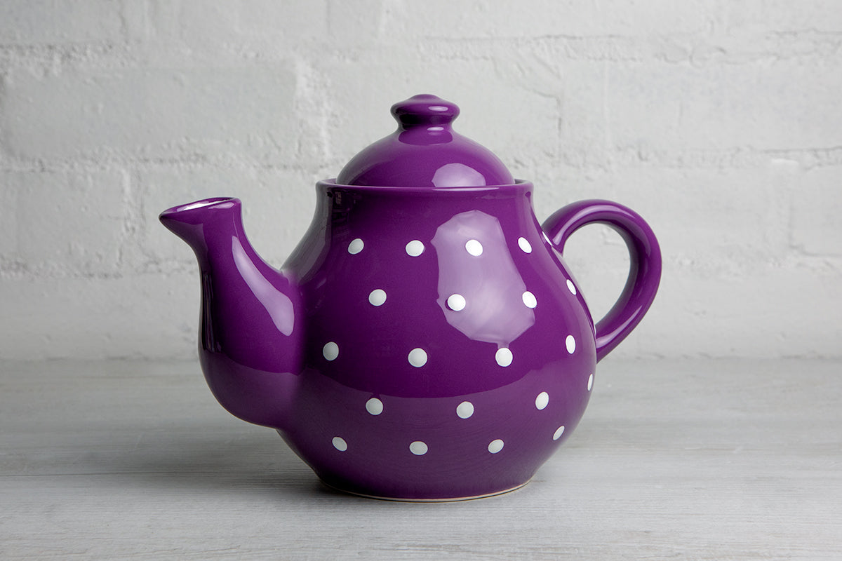 Purple And White Polka Dot Spotty Large Handmade Hand Painted Ceramic Teapot with Handle 60 oz / 1.7 l