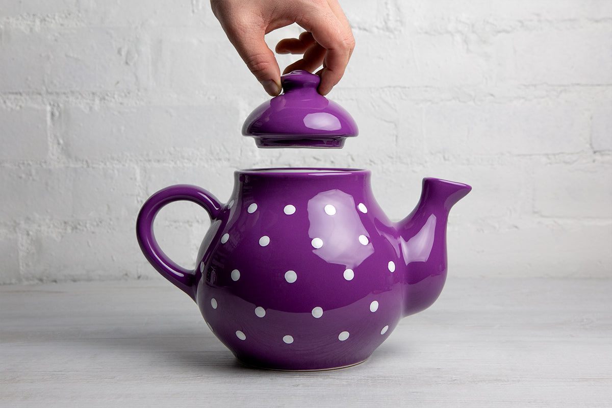 Purple And White Polka Dot Spotty Large Handmade Hand Painted Ceramic Teapot with Handle 60 oz / 1.7 l