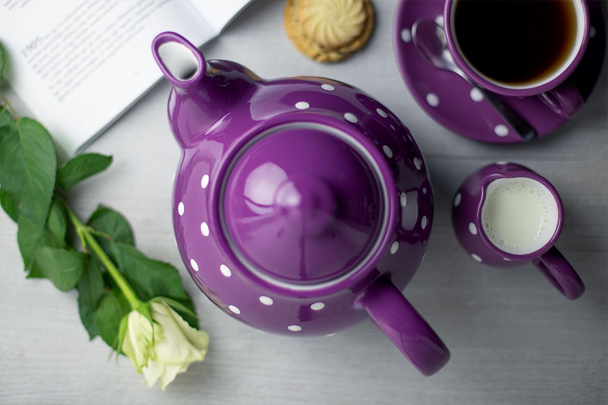 Purple And White Polka Dot Spotty Large Handmade Hand Painted Ceramic Teapot with Handle 60 oz / 1.7 l
