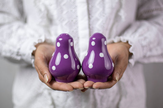 Purple And White Polka Dot Spotty Handmade Hand Painted Ceramic Salt and Pepper Shaker Pot