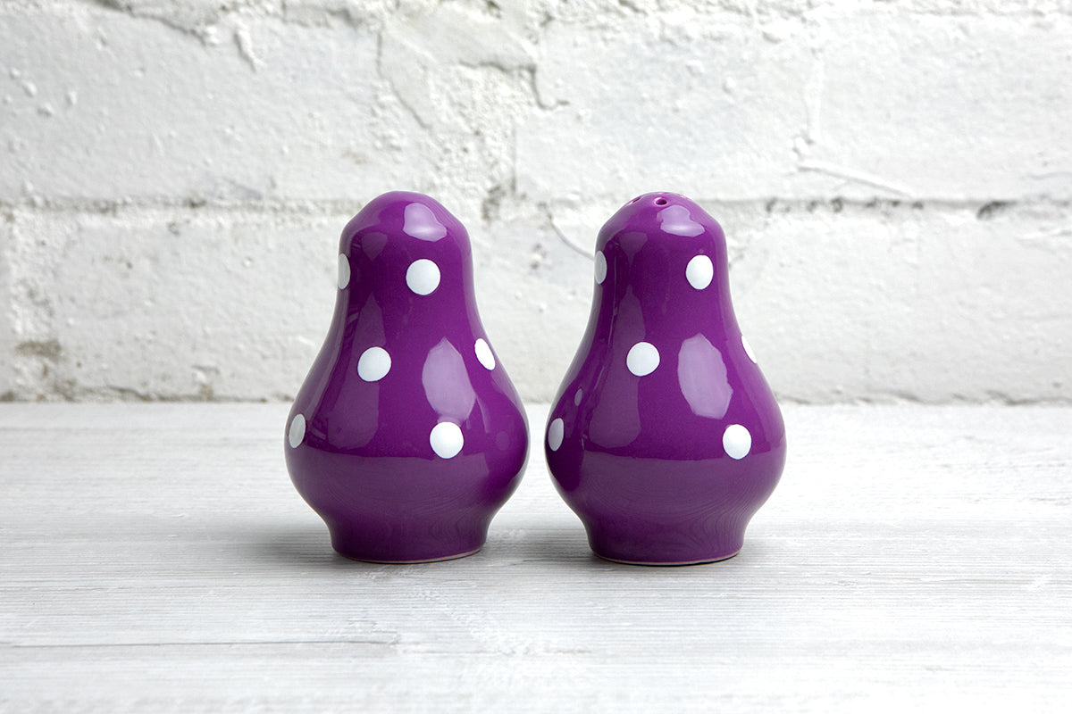 Purple And White Polka Dot Spotty Handmade Hand Painted Ceramic Salt and Pepper Shaker Pot