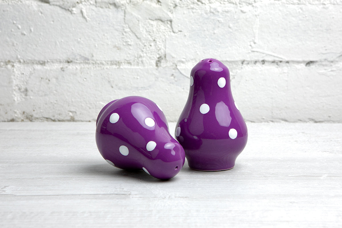 Purple And White Polka Dot Spotty Handmade Hand Painted Ceramic Salt and Pepper Shaker Pot