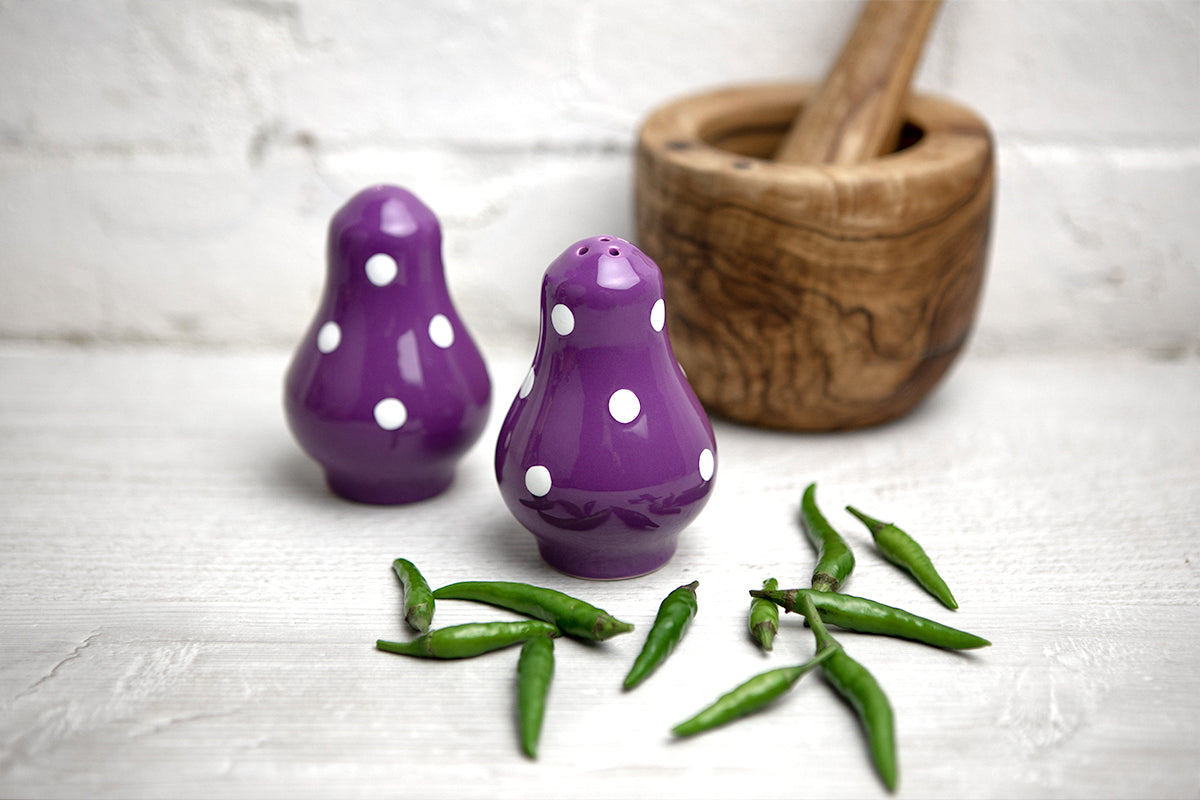 Purple And White Polka Dot Spotty Handmade Hand Painted Ceramic Salt and Pepper Shaker Pot