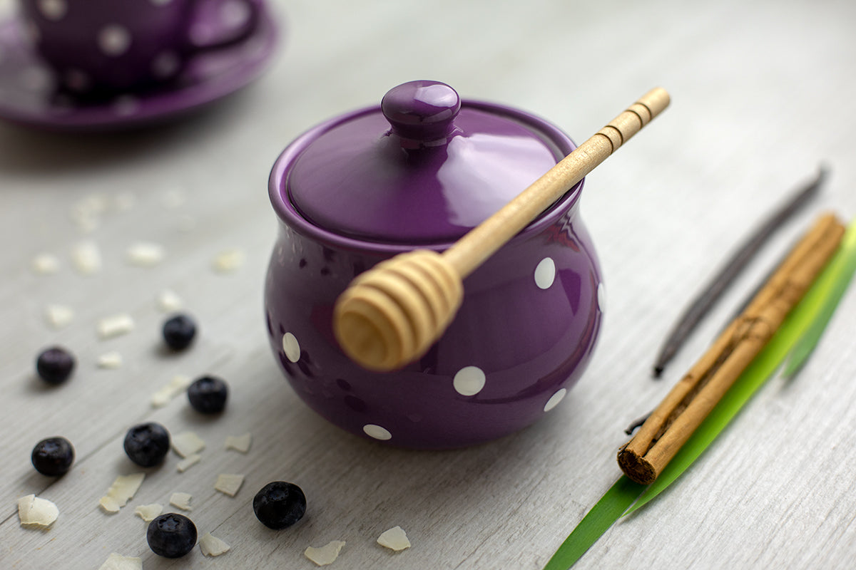 City to Cottage Ceramic Sugar Bowl with Lid, 10oz Sugar Contanier for Coffee Bar, Sugar Dispenser Bowl, Salt - Condiment Pot for Kitchen Counter, Handcrafted Purple Polka Dot Sugar Jar
