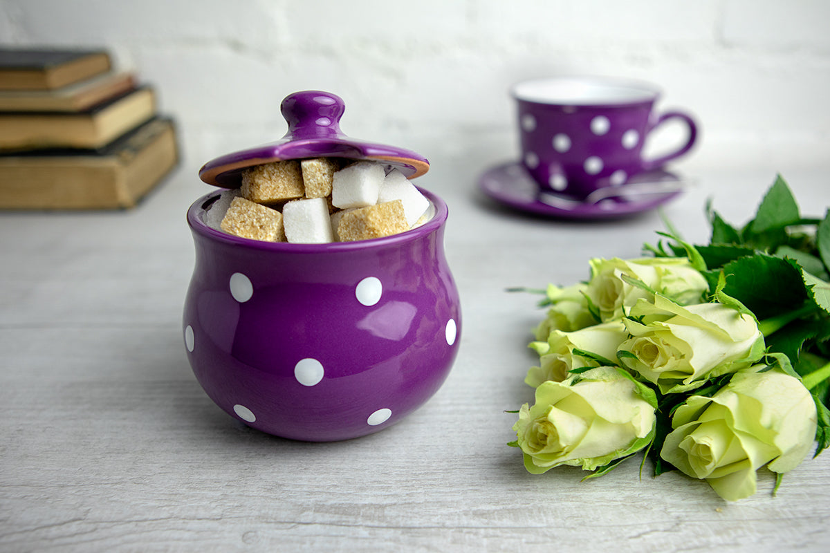 City to Cottage Ceramic Sugar Bowl with Lid, 10oz Sugar Contanier for Coffee Bar, Sugar Dispenser Bowl, Salt - Condiment Pot for Kitchen Counter, Handcrafted Purple Polka Dot Sugar Jar