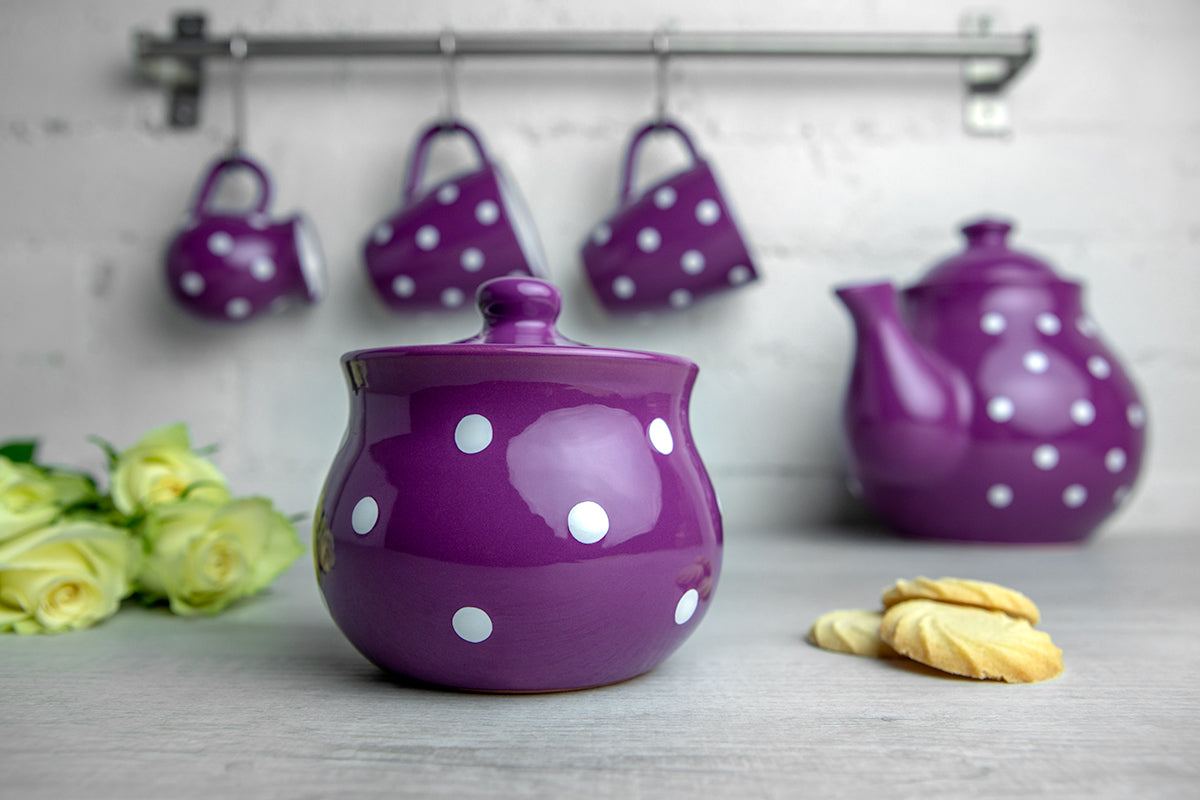 City to Cottage Ceramic Sugar Bowl with Lid, 10oz Sugar Contanier for Coffee Bar, Sugar Dispenser Bowl, Salt - Condiment Pot for Kitchen Counter, Handcrafted Purple Polka Dot Sugar Jar