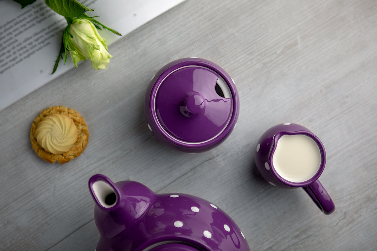 City to Cottage Ceramic Sugar Bowl with Lid, 10oz Sugar Contanier for Coffee Bar, Sugar Dispenser Bowl, Salt - Condiment Pot for Kitchen Counter, Handcrafted Purple Polka Dot Sugar Jar