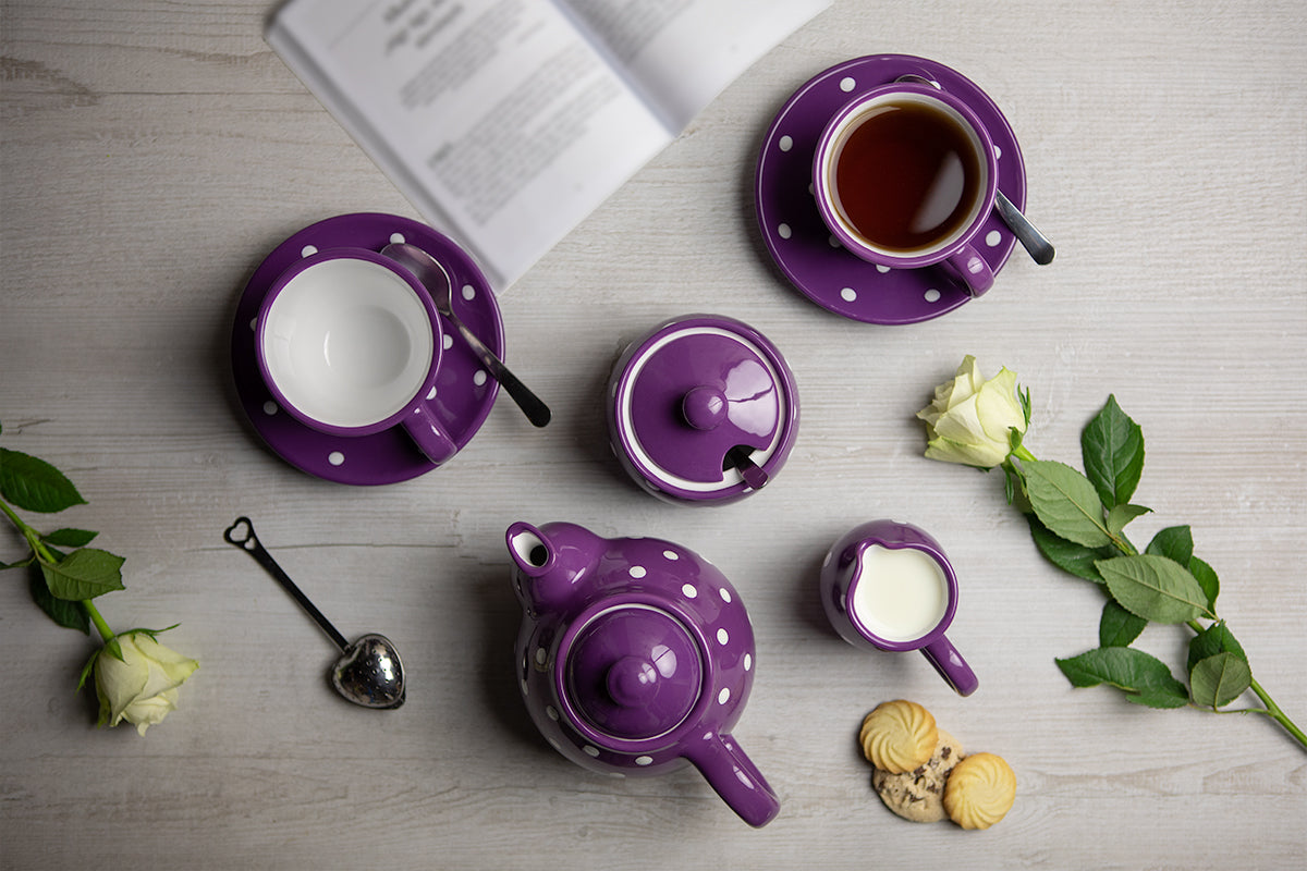 Purple and White Polka Dot Pottery Handmade Hand Painted Ceramic Teapot Milk Jug Sugar Bowl Set With Two Cups and Saucers