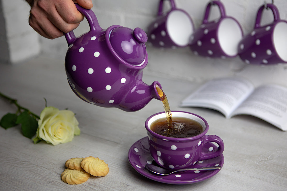 Purple and White Polka Dot Pottery Handmade Hand Painted Ceramic Teapot Milk Jug Sugar Bowl Set With Two Cups and Saucers