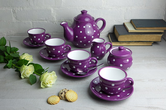 Purple And White Polka Dot Spotty Handmade Hand Painted Ceramic Large Teapot Milk Jug Sugar Bowl Set With 4 Cups and Saucers