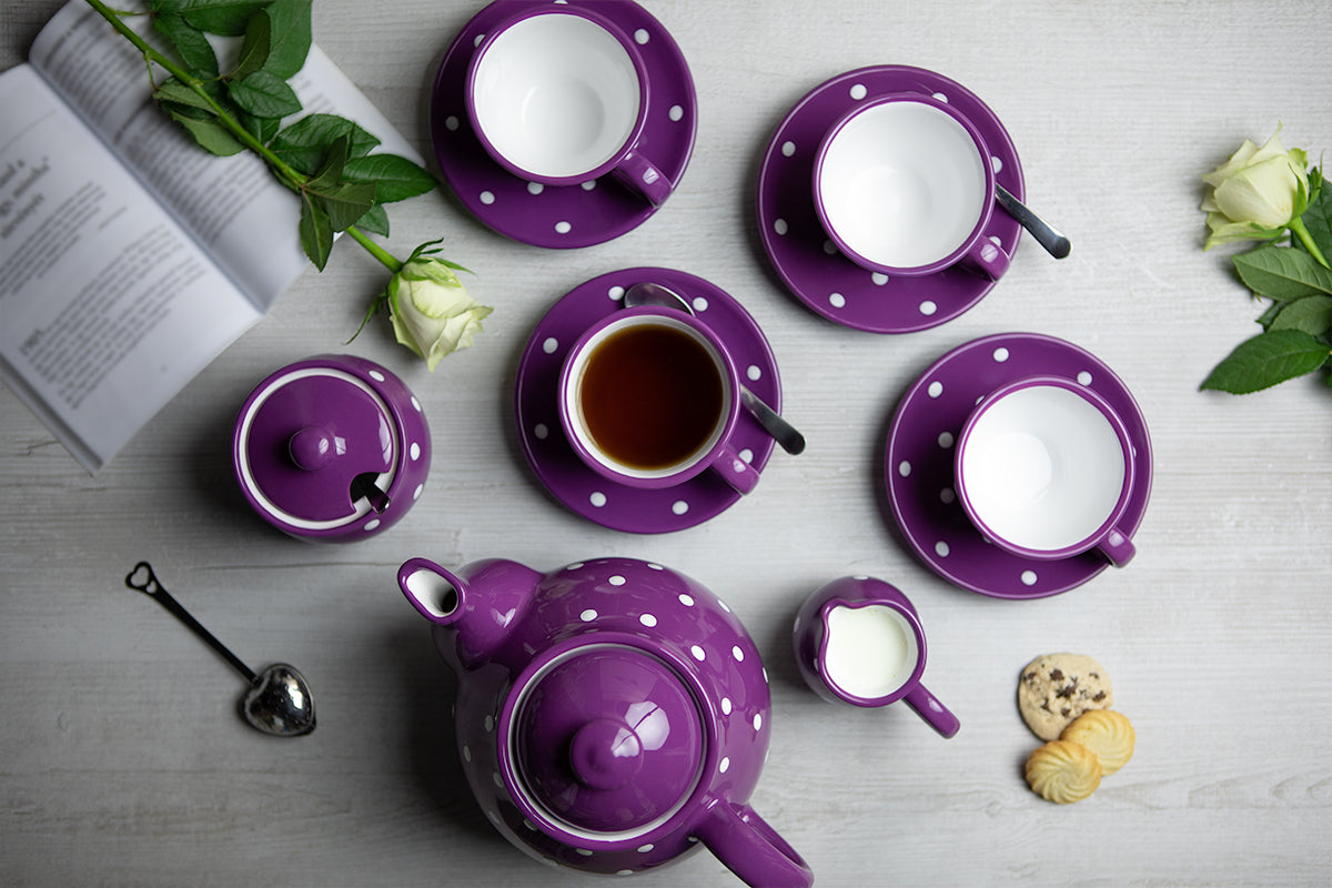 Purple And White Polka Dot Spotty Handmade Hand Painted Ceramic Large Teapot Milk Jug Sugar Bowl Set With 4 Cups and Saucers