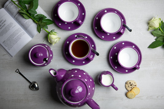 Purple And White Polka Dot Spotty Handmade Hand Painted Ceramic Large Teapot Milk Jug Sugar Bowl Set With 4 Cups and Saucers