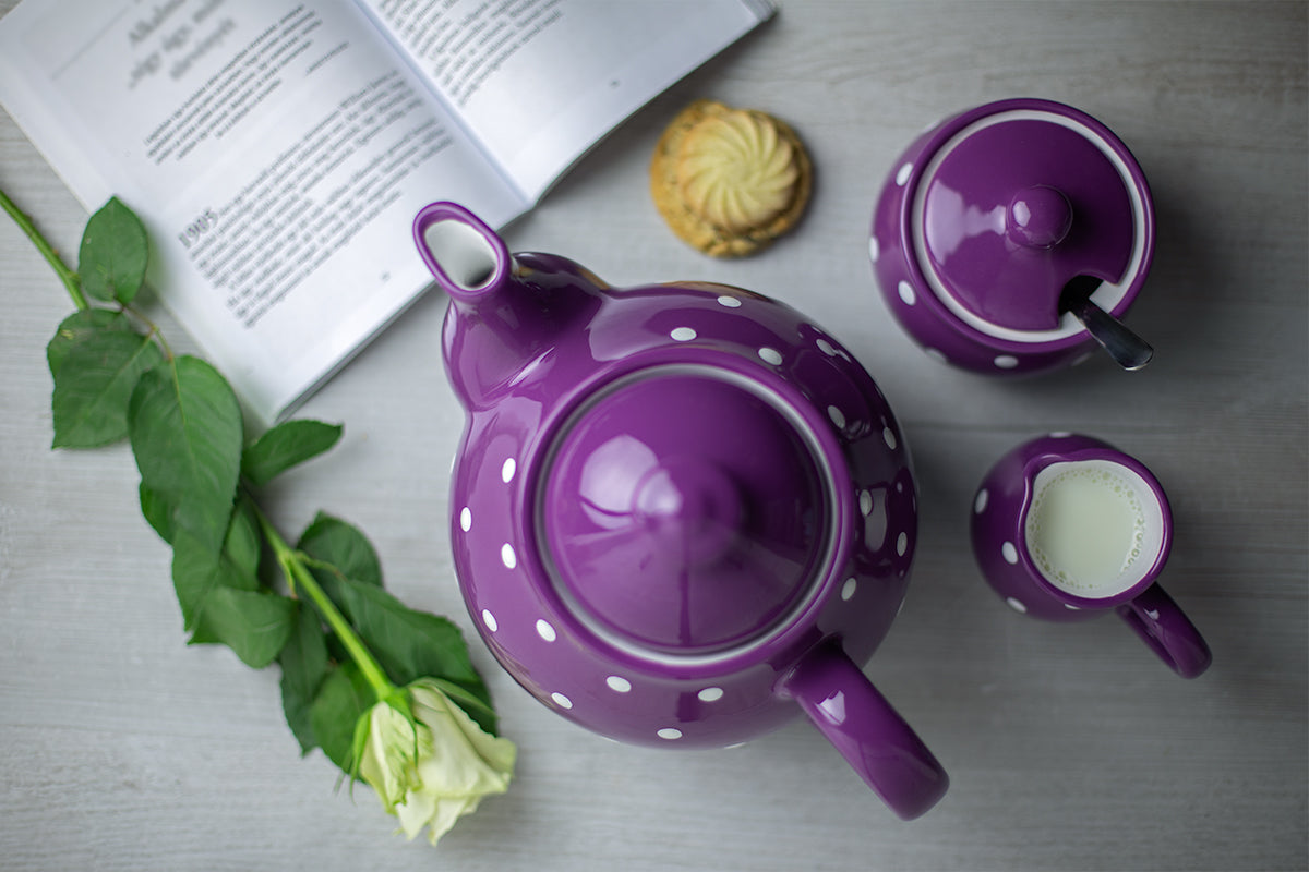 Purple And White Polka Dot Spotty Handmade Hand Painted Ceramic Large Teapot Milk Jug Sugar Bowl Set With 4 Cups and Saucers