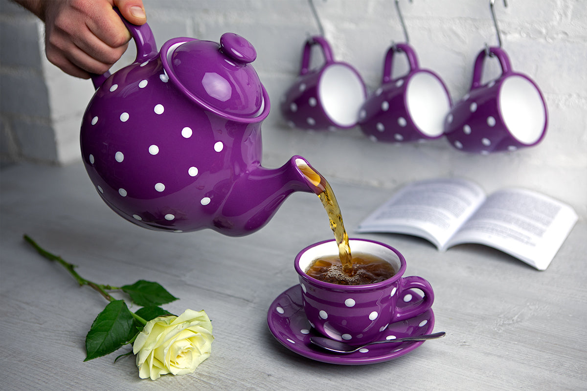 Purple And White Polka Dot Spotty Handmade Hand Painted Ceramic Large Teapot Milk Jug Sugar Bowl Set With 4 Cups and Saucers