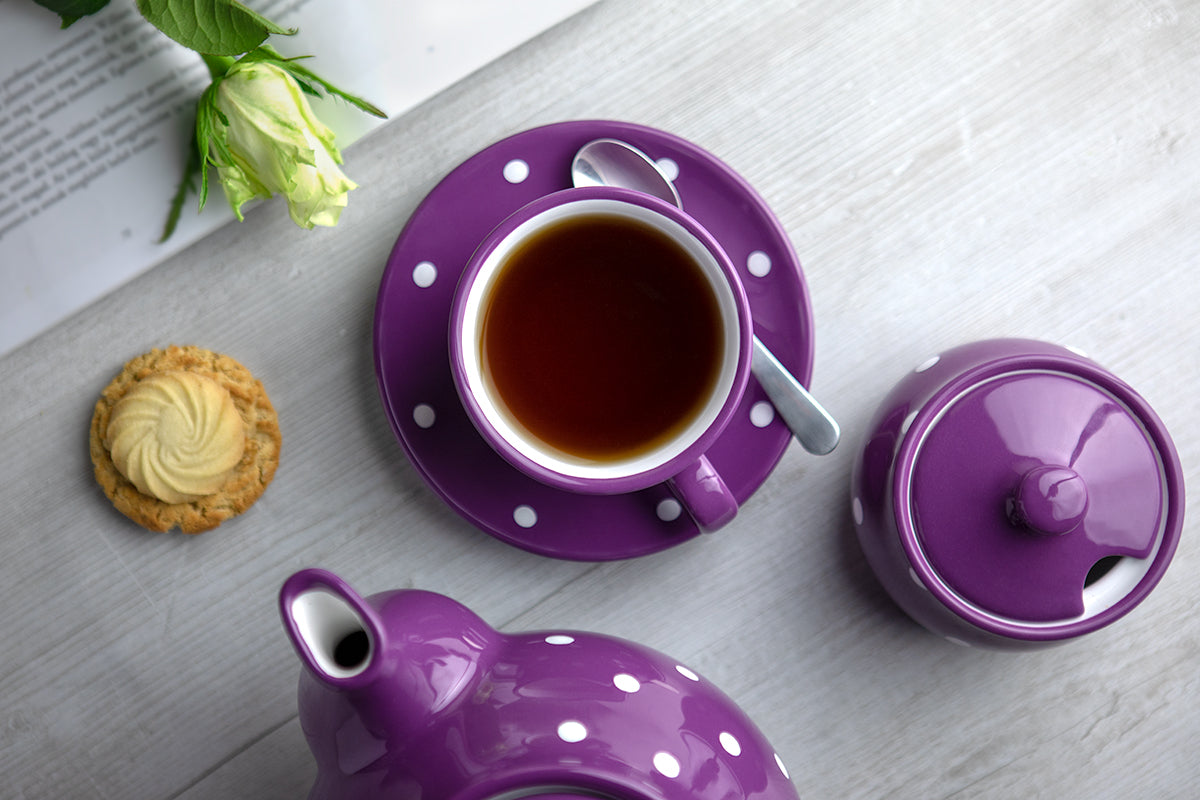 Purple And White Polka Dot Spotty Handmade Hand Painted Ceramic Large Teapot Milk Jug Sugar Bowl Set With 4 Cups and Saucers