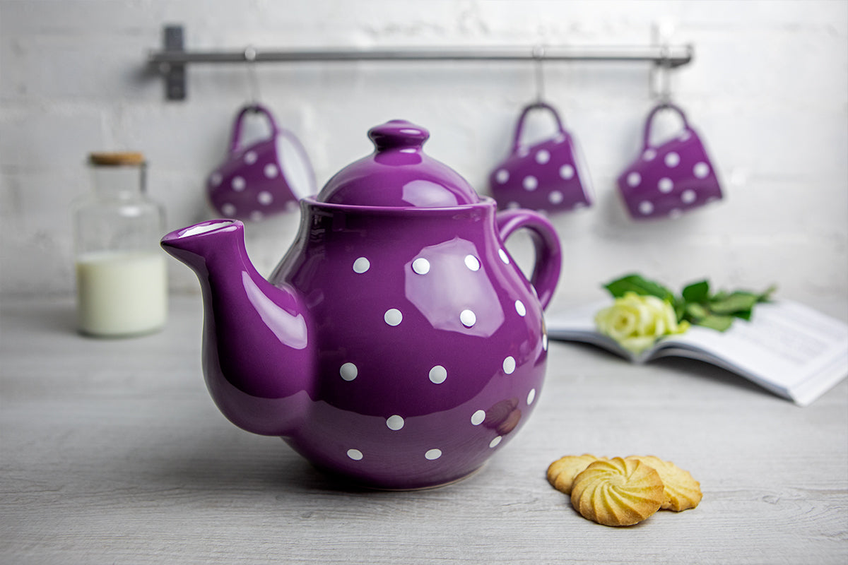 Purple And White Polka Dot Spotty Handmade Hand Painted Ceramic Large Teapot Milk Jug Sugar Bowl Set With 4 Cups and Saucers