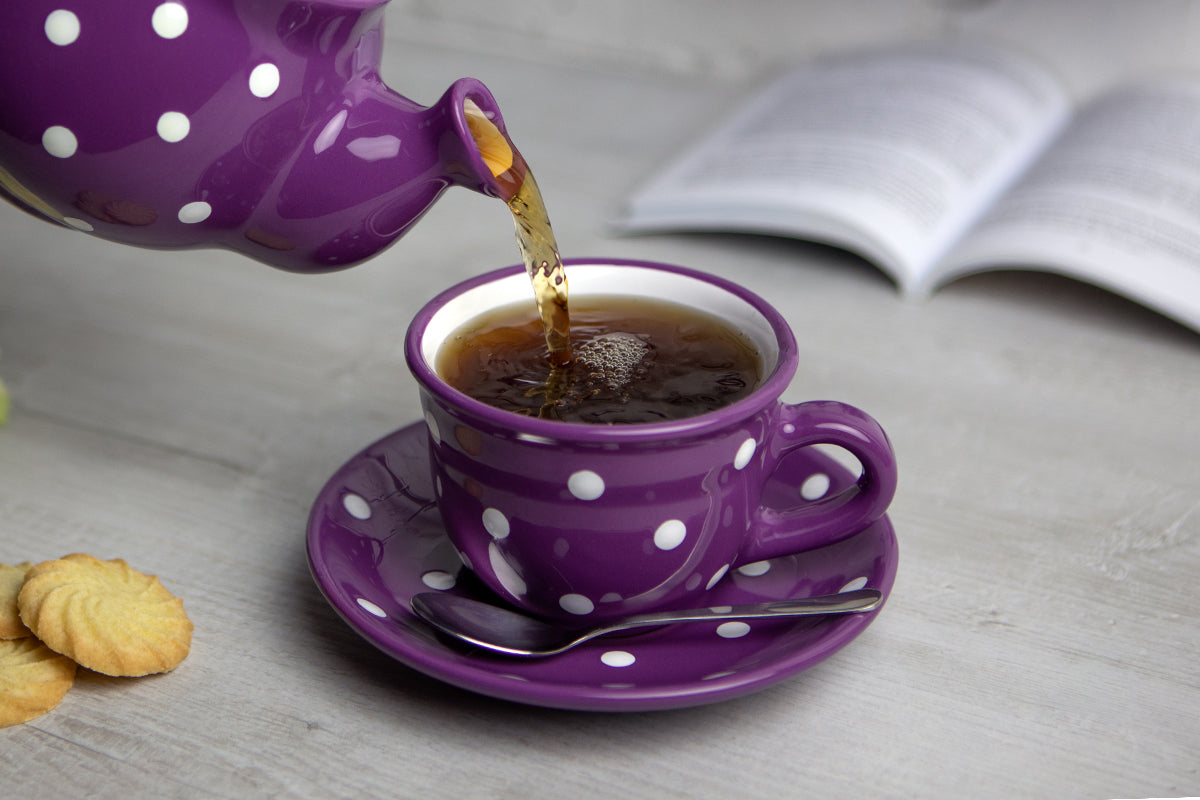 Purple And White Polka Dot Spotty Handmade Hand Painted Ceramic Large Teapot Milk Jug Sugar Bowl Set With 4 Cups and Saucers