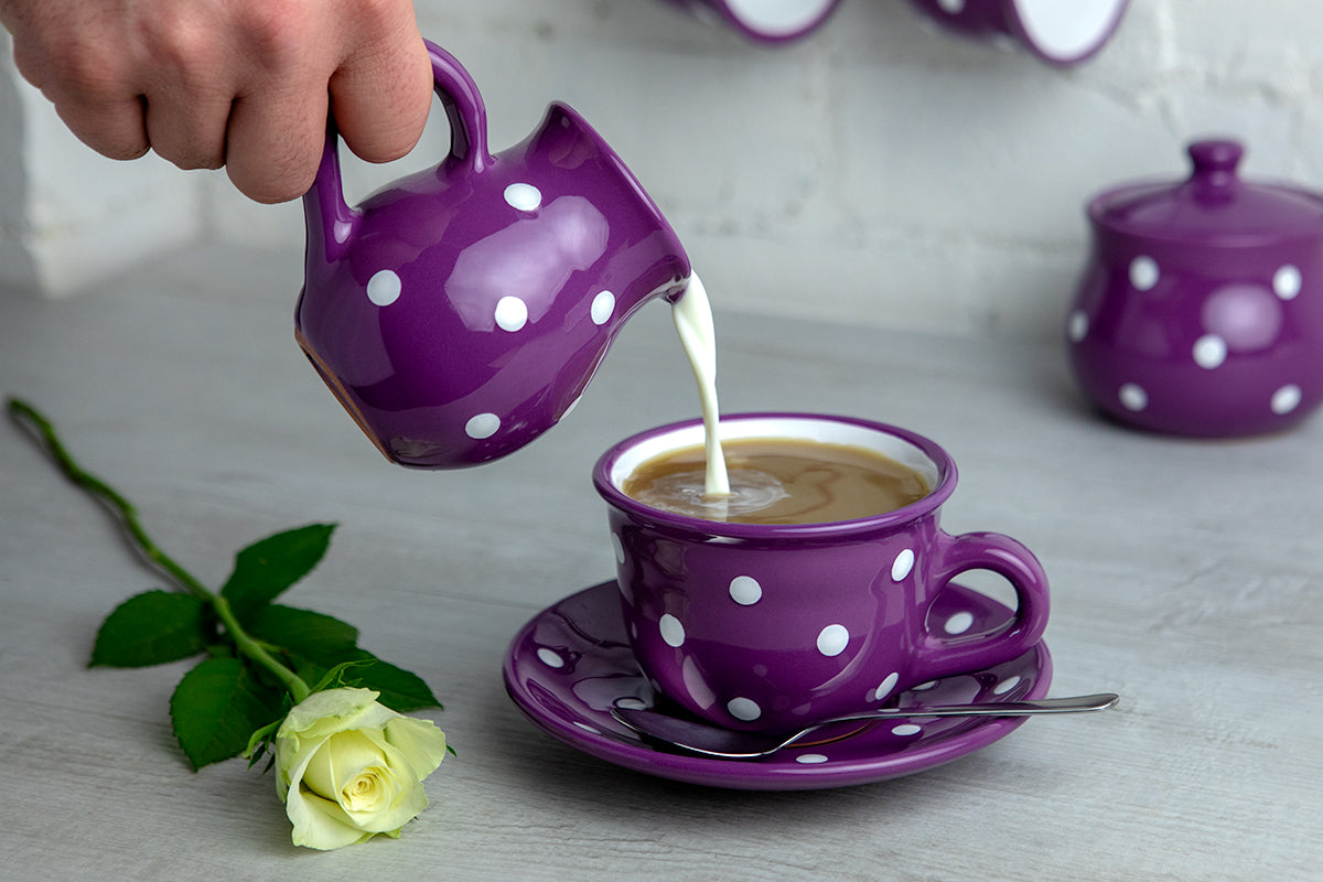 Purple And White Polka Dot Spotty Handmade Hand Painted Ceramic Large Teapot Milk Jug Sugar Bowl Set With 4 Cups and Saucers