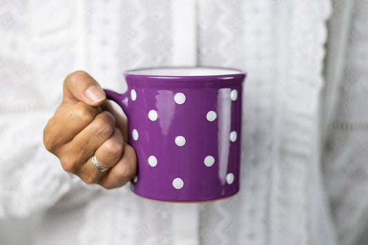 Purple And White Polka Dot Spotty Handmade Hand Painted Ceramic Extra Large 17.5oz-500ml Hot Chocolate Coffee Tea Mug