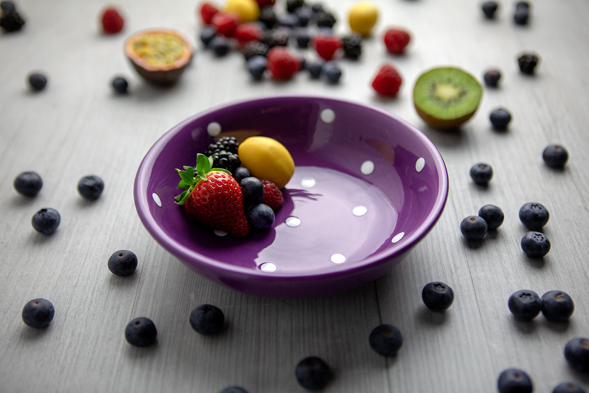 Purple And White Polka Dot Spotty Handmade Hand Painted Ceramic Salad Pasta Fruit Cereal Soup Bowl