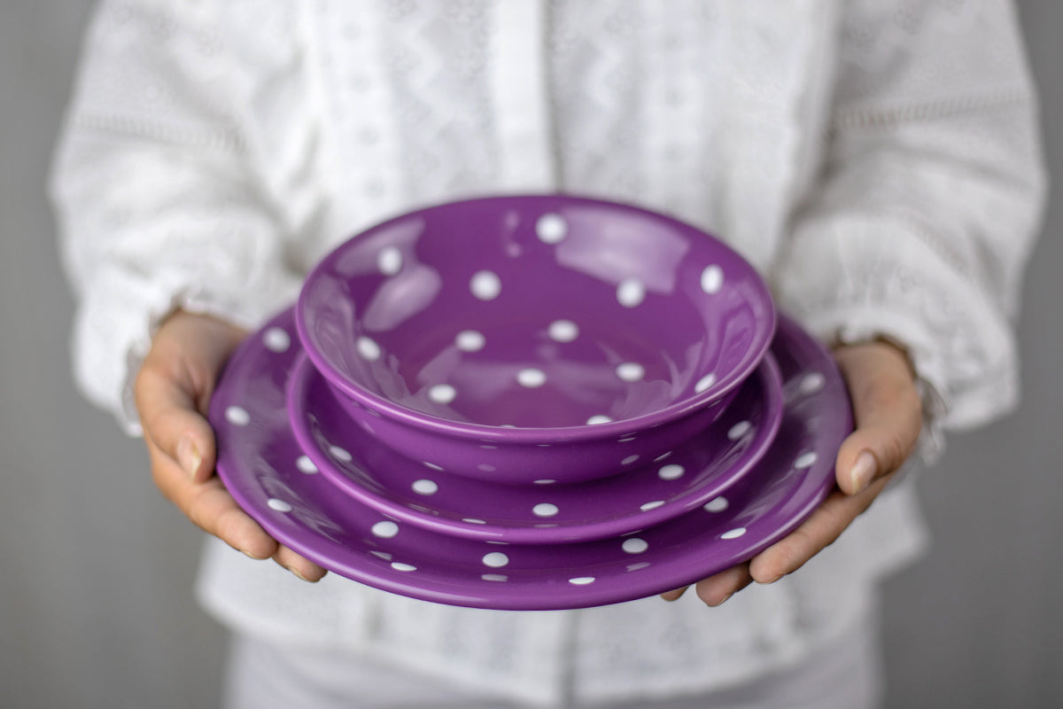 Purple And White Polka Dot Spotty Handmade Hand Painted Ceramic Salad Pasta Fruit Cereal Soup Bowl