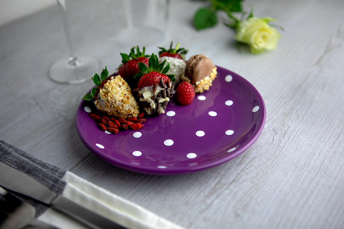 Purple And White Polka Dot Spotty Handmade Hand Painted Glazed Ceramic Side Dessert Plate
