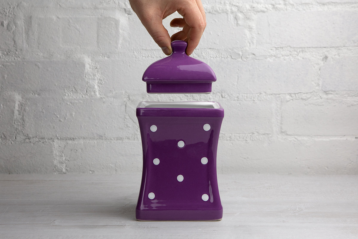 Purple And White Polka Dot Spotty Handmade Hand Painted Large Ceramic Kitchen Storage Jar