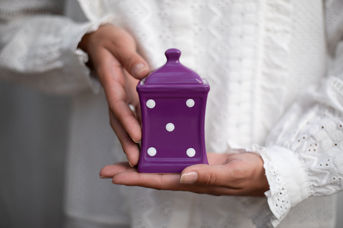 Purple And White Polka Dot Spotty Handmade Hand Painted Small Ceramic Kitchen Herb Spice Storage Jar with Lid