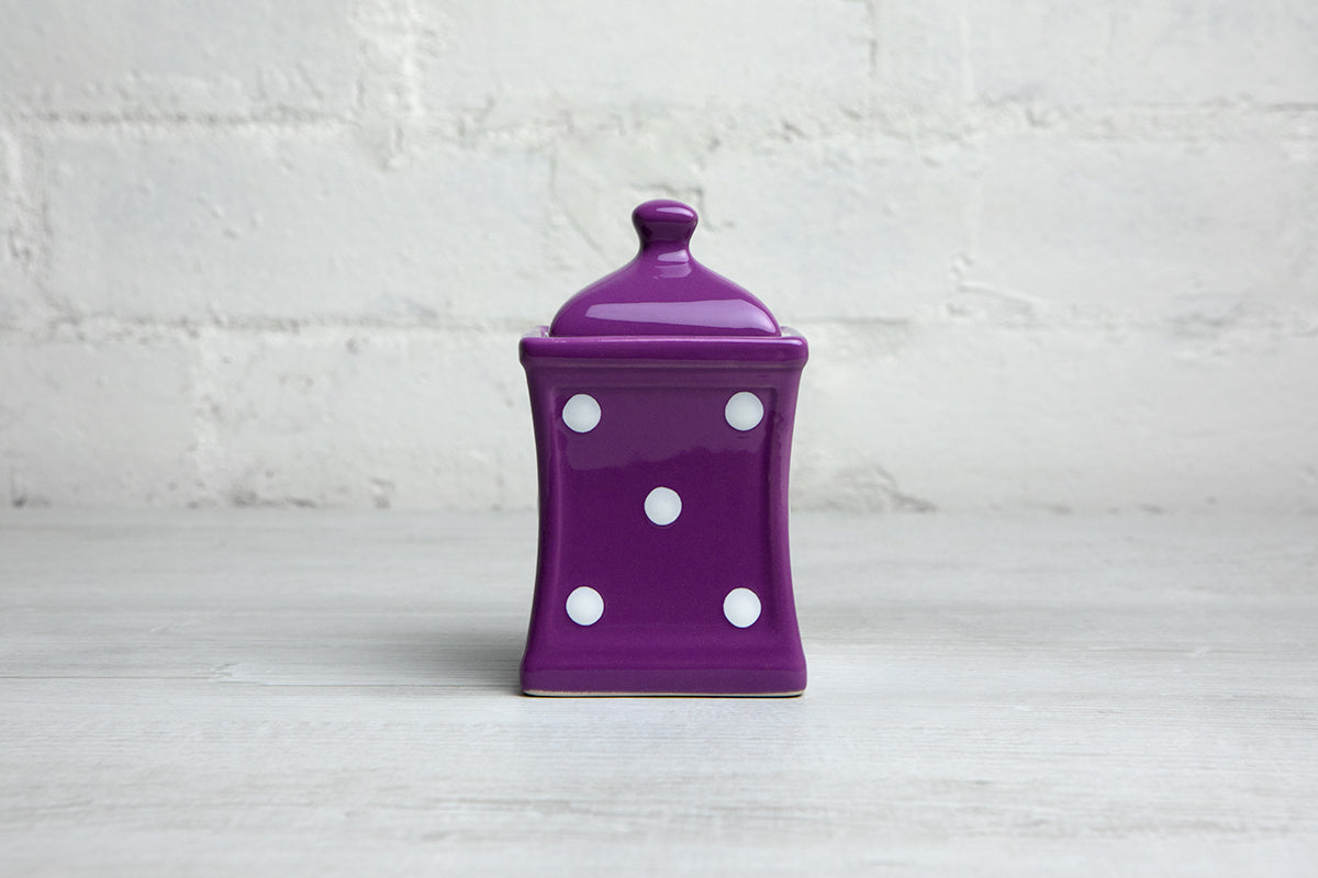 Purple And White Polka Dot Spotty Handmade Hand Painted Small Ceramic Kitchen Herb Spice Storage Jar with Lid