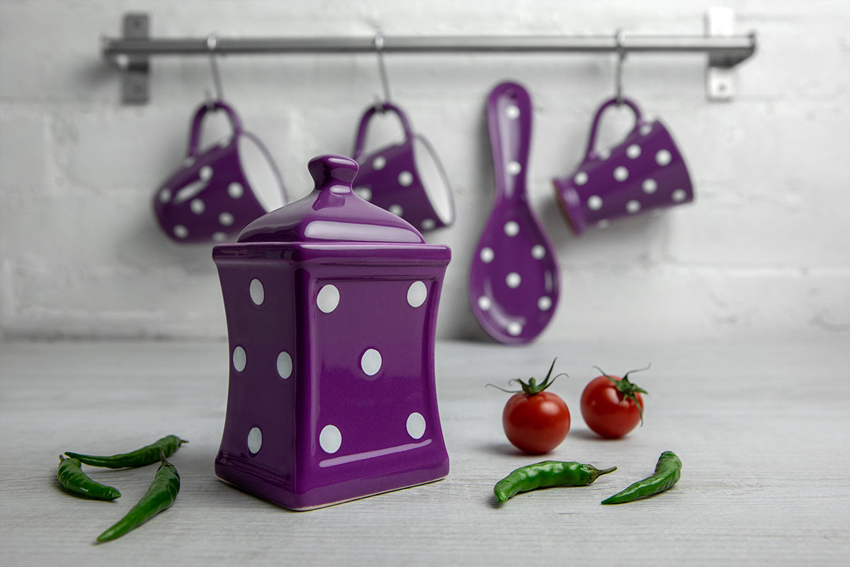 Purple And White Polka Dot Spotty Handmade Hand Painted Small Ceramic Kitchen Herb Spice Storage Jar with Lid
