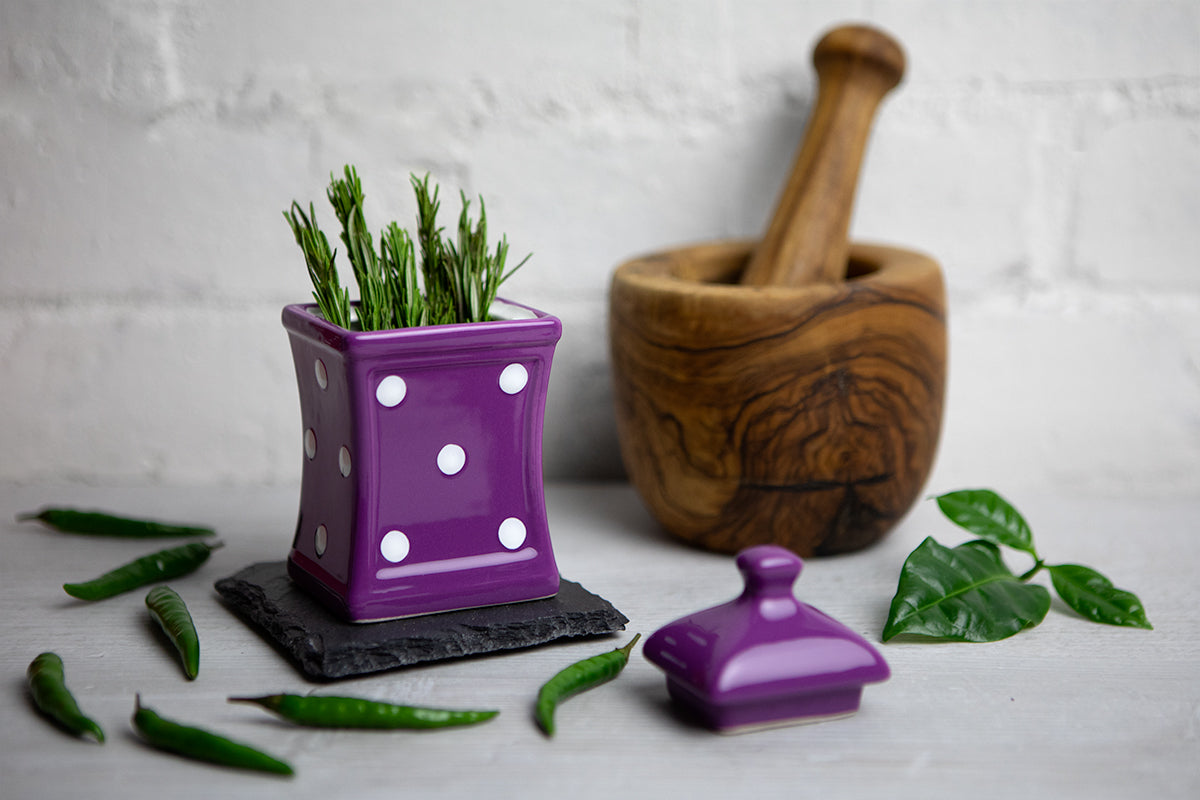Purple And White Polka Dot Spotty Handmade Hand Painted Small Ceramic Kitchen Herb Spice Storage Jar with Lid