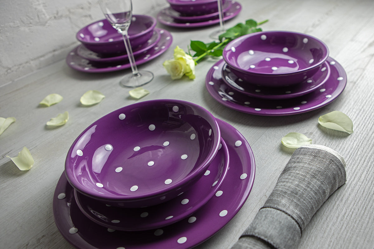 Purple and White Polka Dot Spotty Handmade Hand Painted Ceramic 12 piece Dinnerware Service for 4