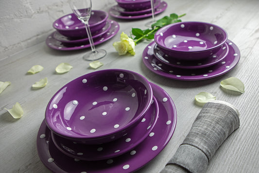 Purple and White Polka Dot Spotty Handmade Hand Painted Ceramic 12 piece Dinnerware Service for 4