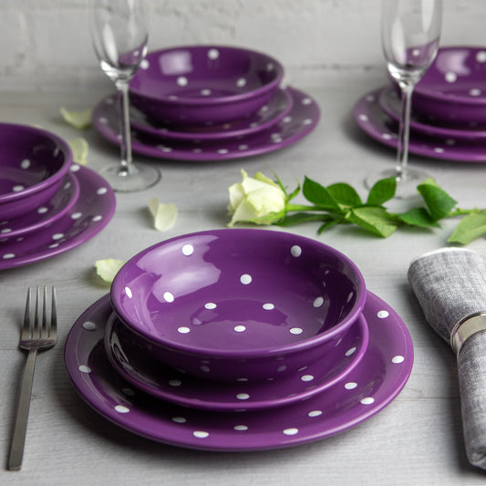 Purple and White Polka Dot Spotty Handmade Hand Painted Ceramic 12 piece Dinnerware Service for 4