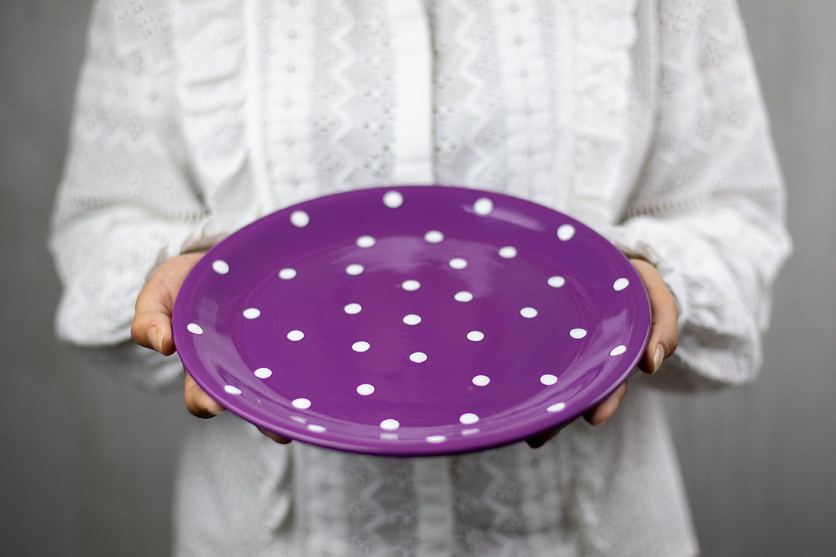 Purple and White Polka Dot Spotty Handmade Hand Painted Ceramic 12 piece Dinnerware Service for 4