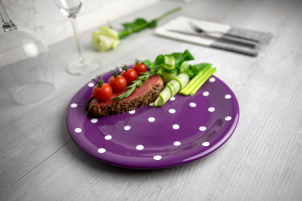 Purple and White Polka Dot Spotty Handmade Hand Painted Ceramic 12 piece Dinnerware Service for 4