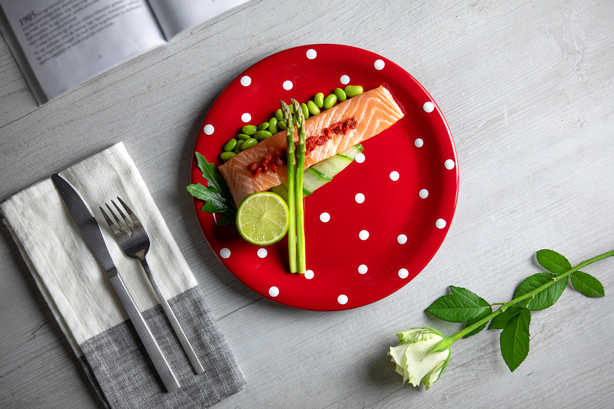 Red And White Polka Dot Spotty Handmade Hand Painted Glazed Ceramic Flat Dinner Plate