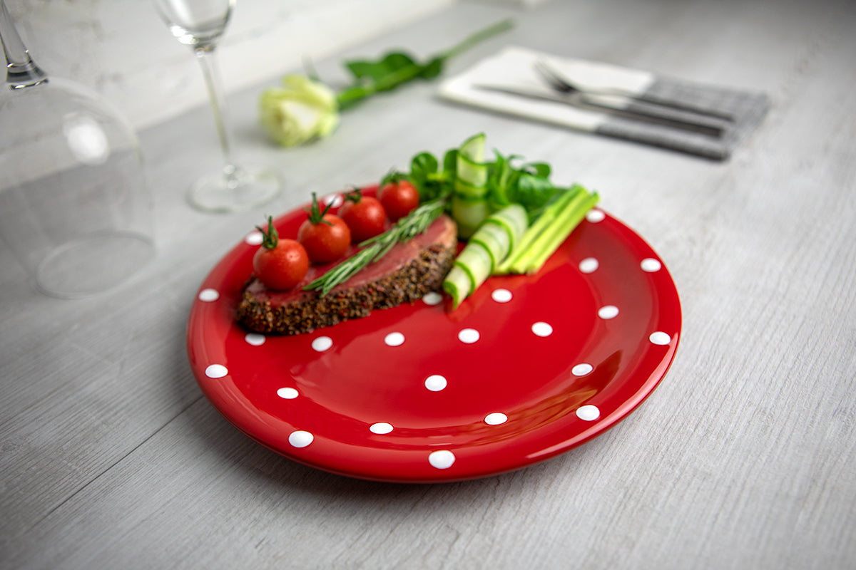 Red And White Polka Dot Spotty Handmade Hand Painted Glazed Ceramic Flat Dinner Plate