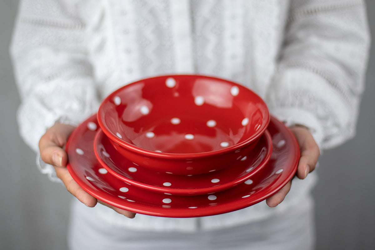 Red And White Polka Dot Spotty Handmade Hand Painted Glazed Ceramic Flat Dinner Plate