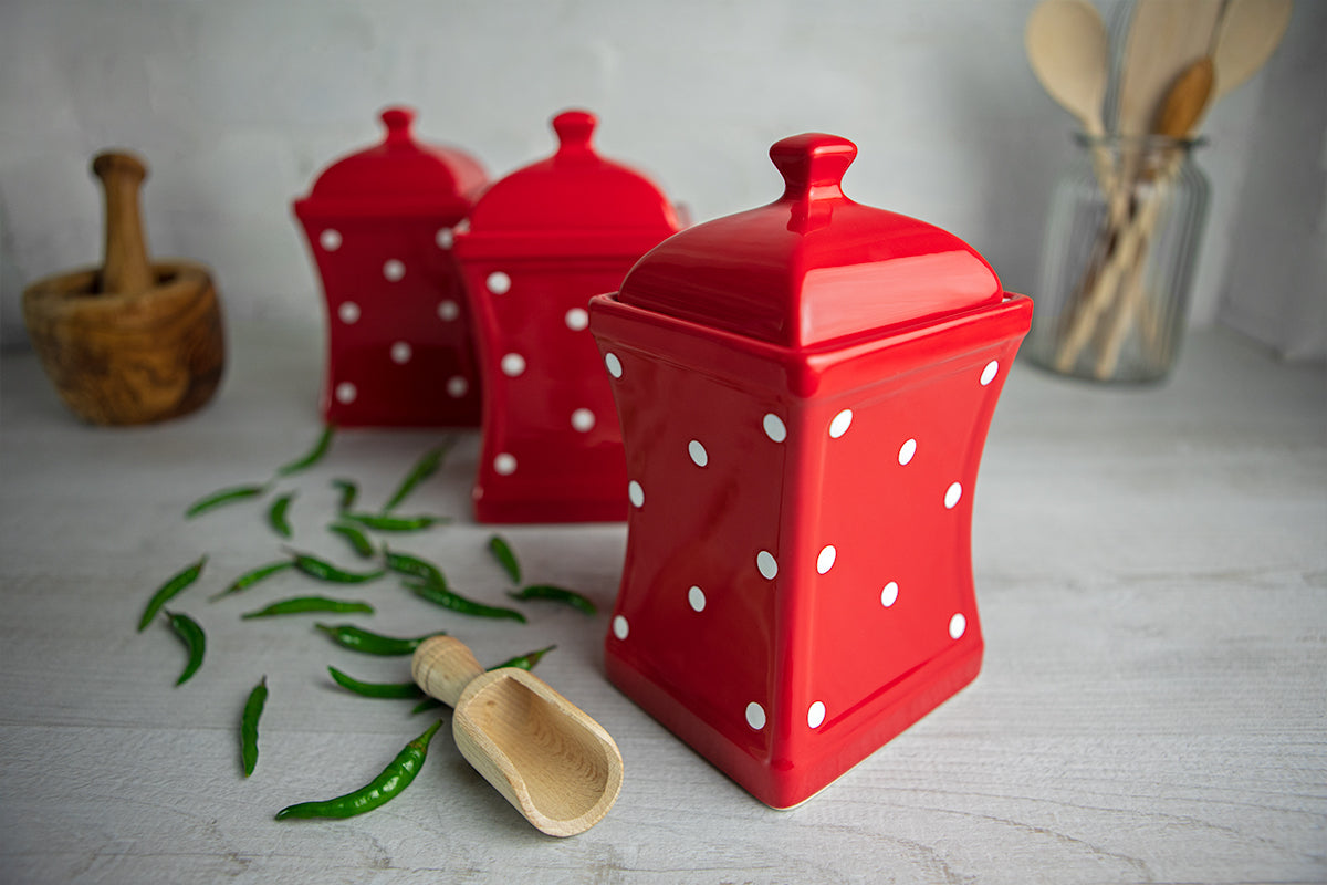 Red and White Polka Dot Pottery Handmade Hand Painted Large Ceramic Kitchen Storage Jar Set Canister Set - Same Size Jars