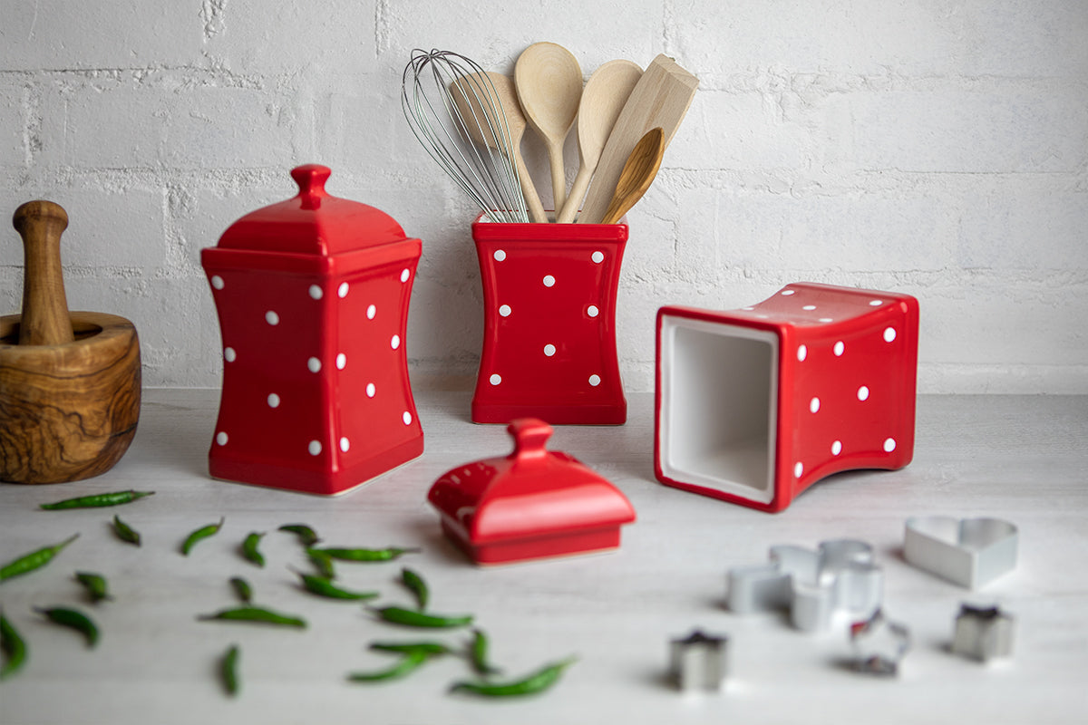 Red and White Polka Dot Pottery Handmade Hand Painted Large Ceramic Kitchen Storage Jar Set Canister Set - Same Size Jars