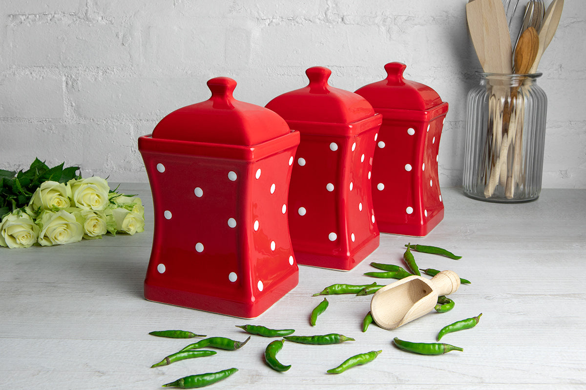 Red and White Polka Dot Pottery Handmade Hand Painted Large Ceramic Kitchen Storage Jar Set Canister Set - Same Size Jars