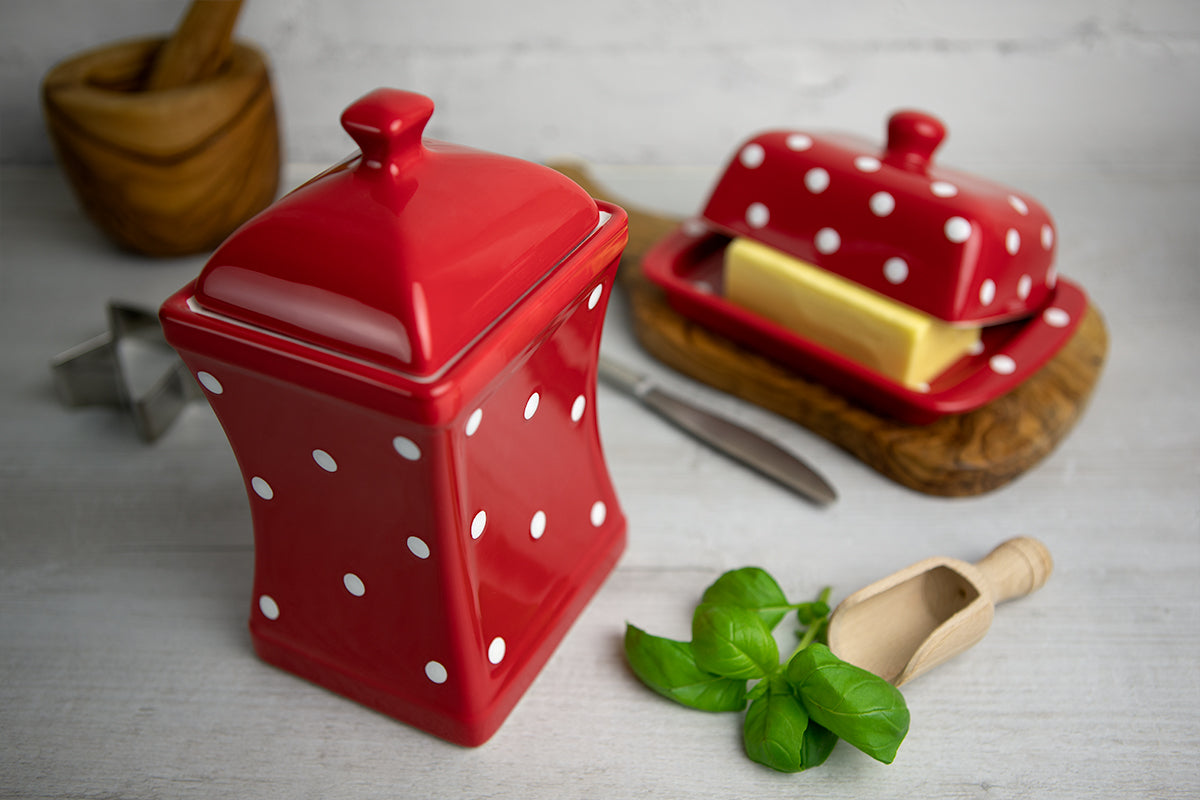 Red and White Polka Dot Pottery Handmade Hand Painted Large Ceramic Kitchen Storage Jar Set Canister Set - Same Size Jars