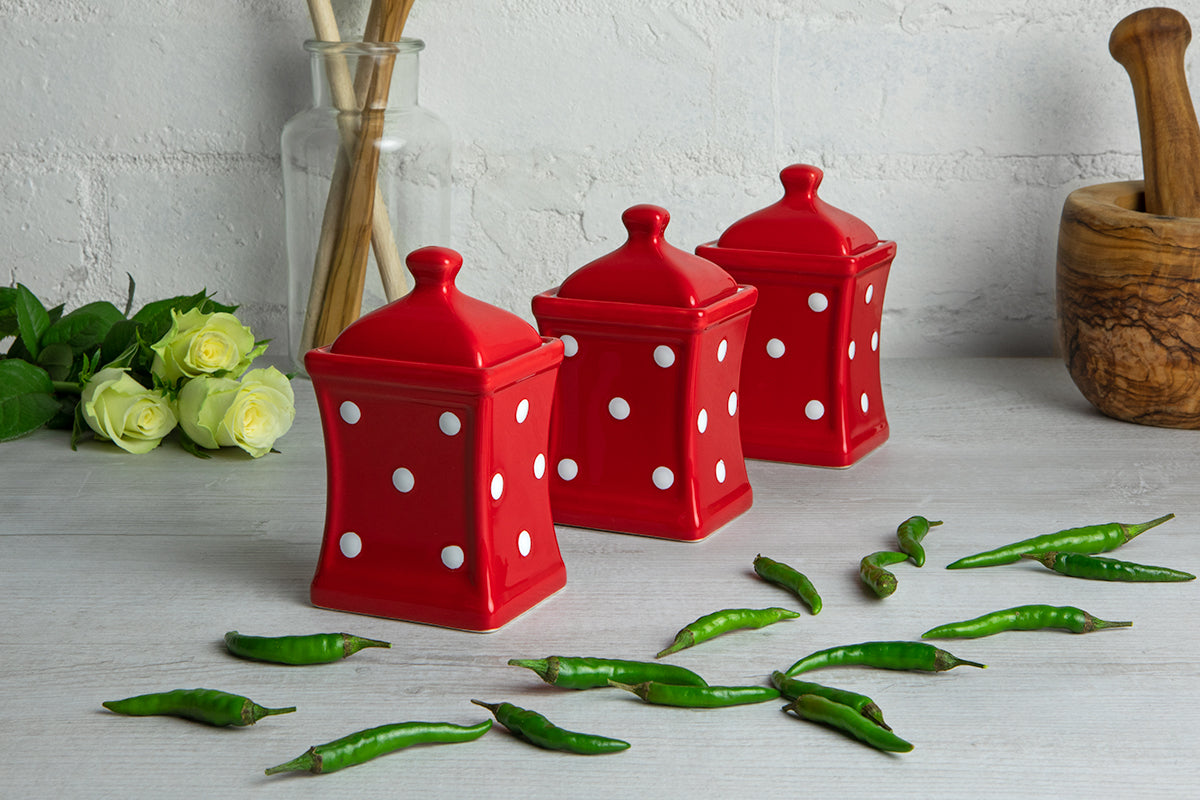 Red and White Polka Dot Pottery Handmade Hand Painted Small Ceramic Kitchen Herb Spice Jars Canister Set - Same Size Jars