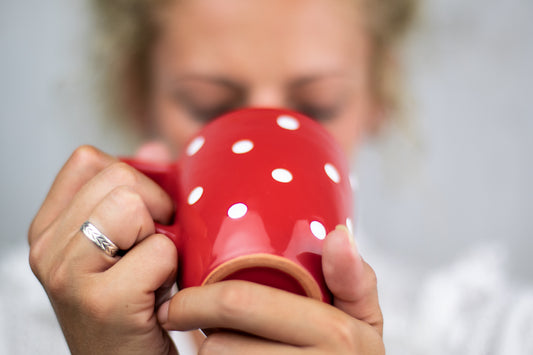 Red And White Polka Dot Spotty Designer Handmade Hand Painted Unique Ceramic 10oz-300ml Coffee Tea Mug with Large Handle