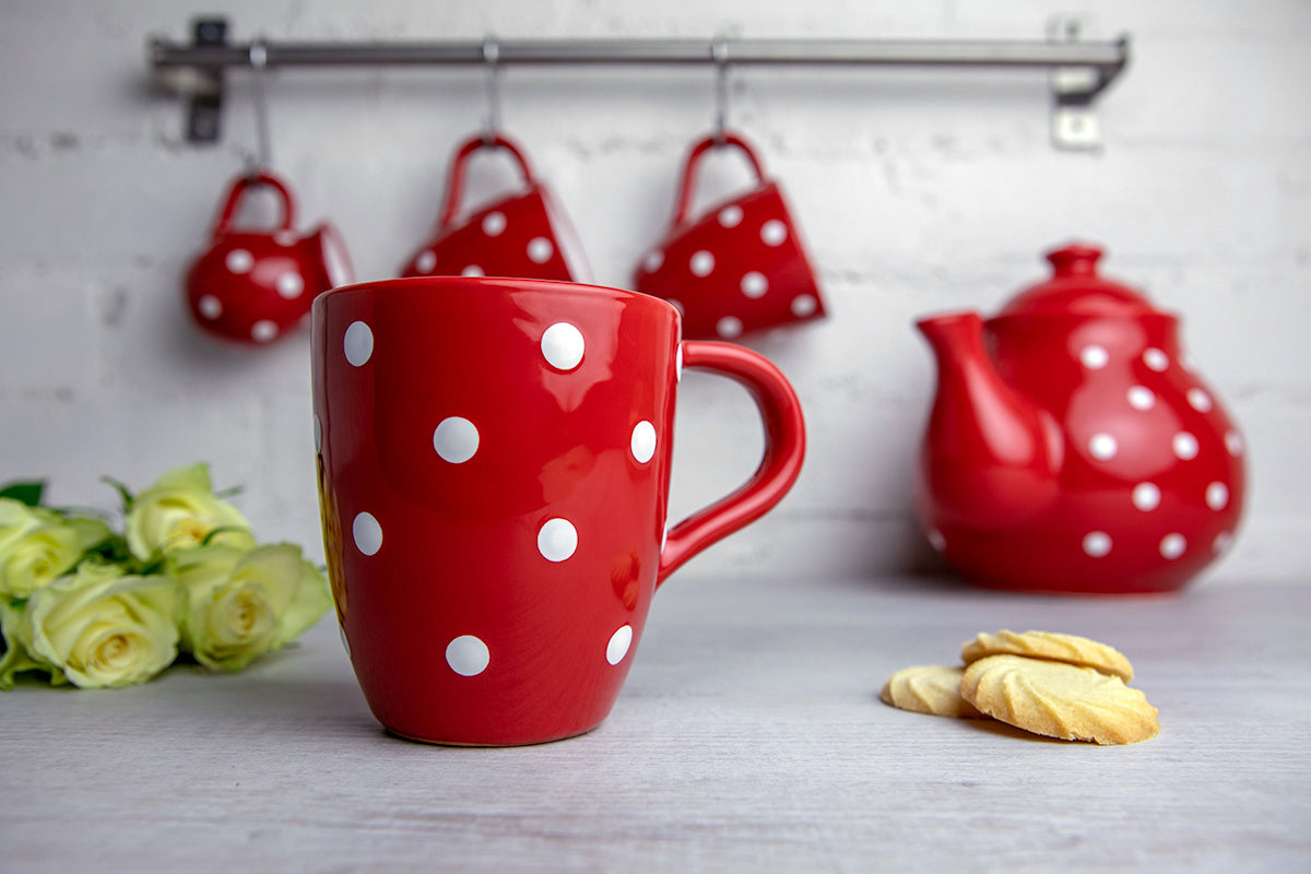 Red And White Polka Dot Spotty Designer Handmade Hand Painted Unique Ceramic 10oz-300ml Coffee Tea Mug with Large Handle