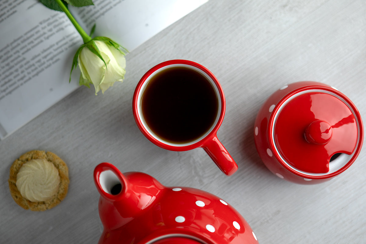 Red And White Polka Dot Spotty Designer Handmade Hand Painted Unique Ceramic 10oz-300ml Coffee Tea Mug with Large Handle