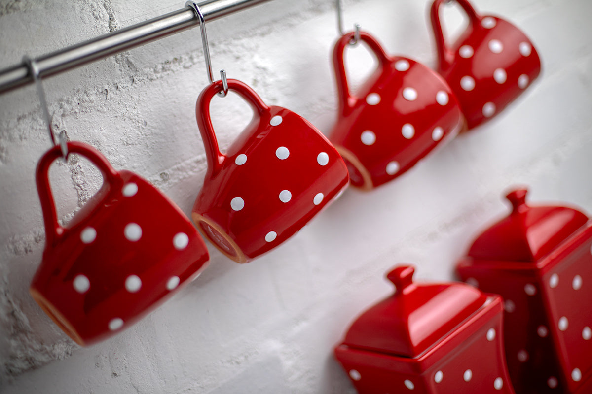 Red And White Polka Dot Spotty Designer Handmade Hand Painted Unique Ceramic 10oz-300ml Coffee Tea Mug with Large Handle