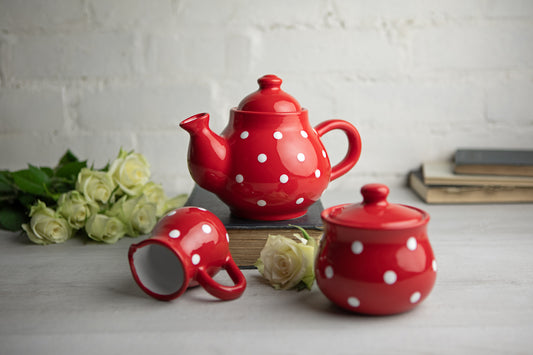 Red and White Polka Dot Pottery Handmade Hand Painted Ceramic Teapot Milk Jug Sugar Bowl Set