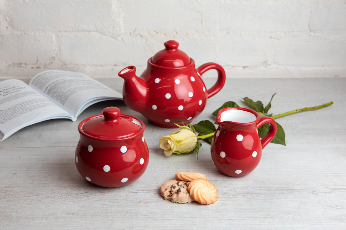 Red and White Polka Dot Pottery Handmade Hand Painted Ceramic Teapot Milk Jug Sugar Bowl Set